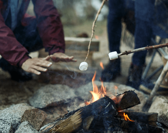 Two people roasting s'mores over an open fire.