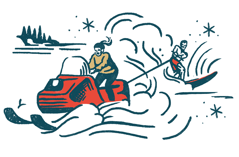 Illustrated animation of man in shorts skiing through snow being pulled by a snowmobile.