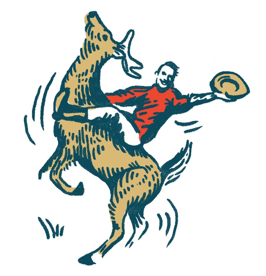 Animated illustration of a man riding elk while swinging a cowboy hat.
