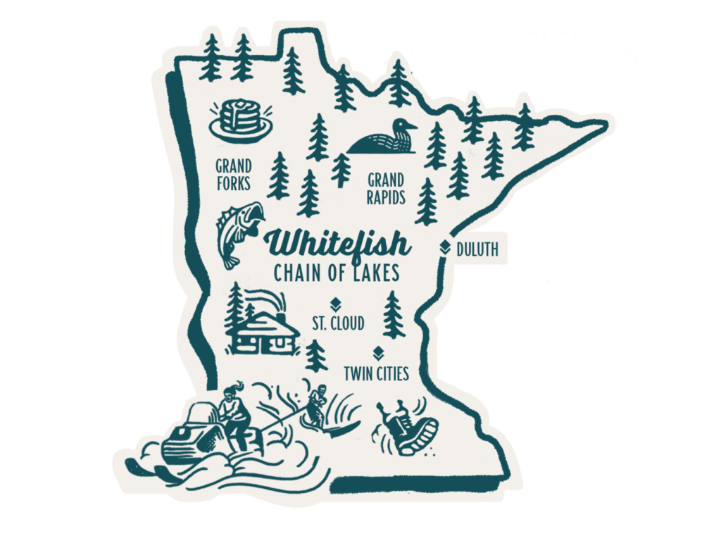 Illustrated map of Minnesota with various activities